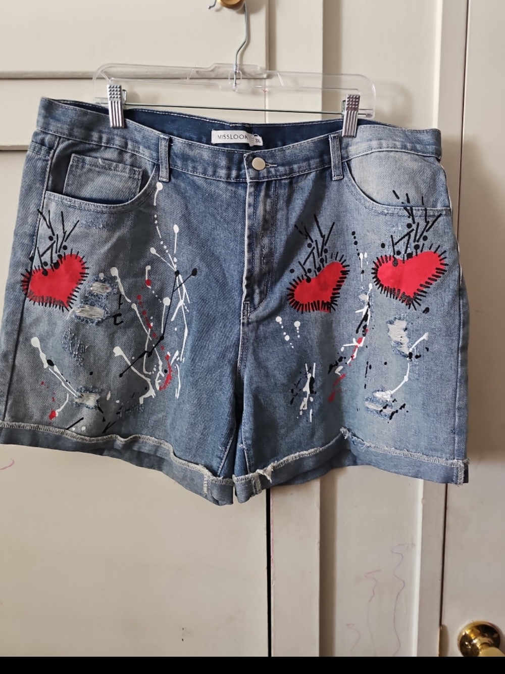 Misslook Denim Heart-Print Women's Shorts - Blue with Red Accents